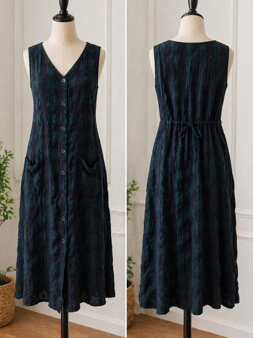 Erika Sleeveless V-Neck Button-Front Midi Dress in Dark Teal Plaid
